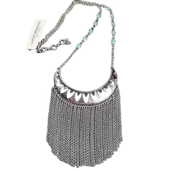 Lucky Brand Silver Tone Boho‎ Waterfall Fringe Necklace Turquoise Accents New - Picture 2 of 7
